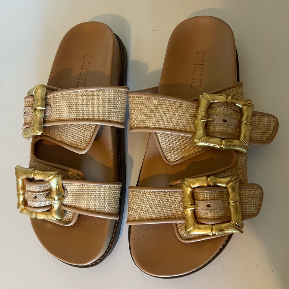 SCHUTZ Tan Woven Double-Buckle Slide Sandals with Gold Buckles